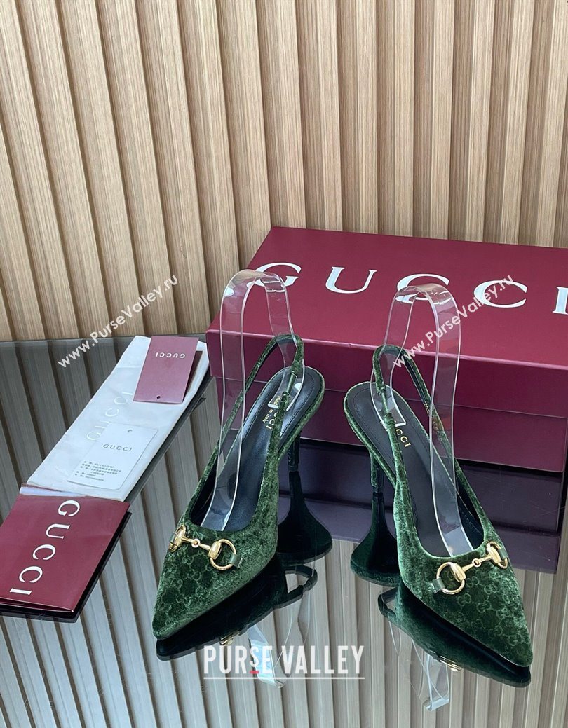 Gucci GG Velvet Slingback Pumps 8.5cm with Horsebit Green 2025 ‎835978 (MD-250828065)