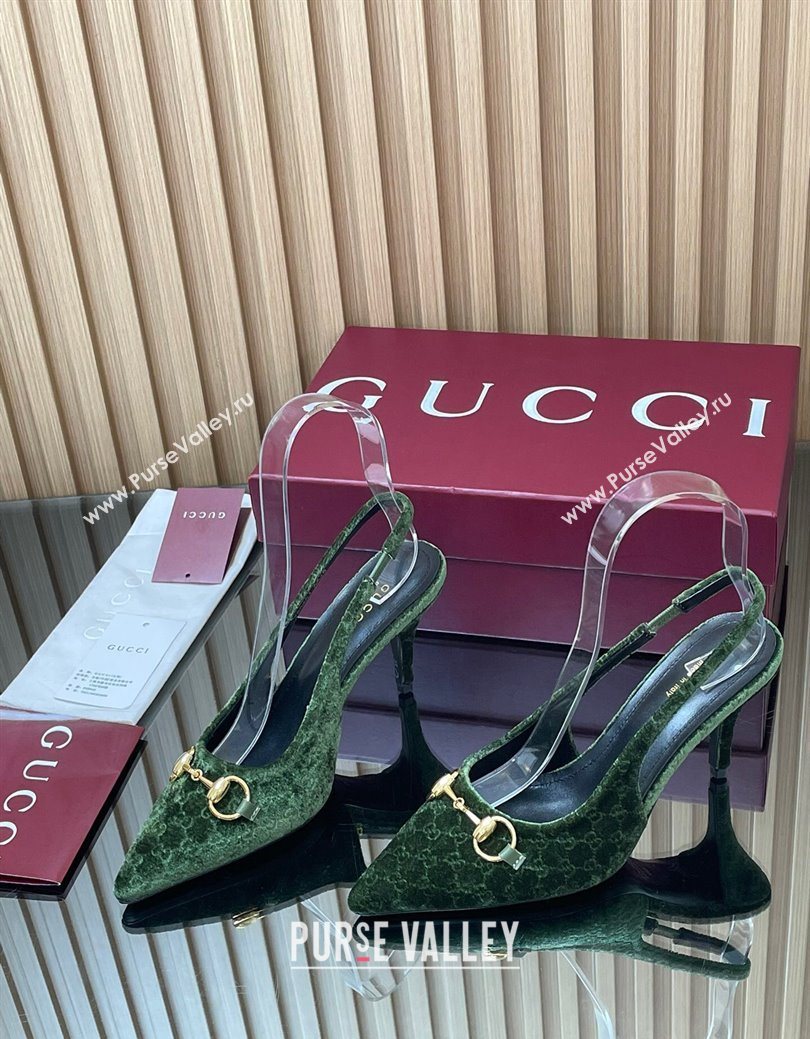 Gucci GG Velvet Slingback Pumps 8.5cm with Horsebit Green 2025 ‎835978 (MD-250828065)