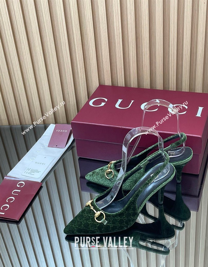 Gucci GG Velvet Slingback Pumps 8.5cm with Horsebit Green 2025 ‎835978 (MD-250828065)