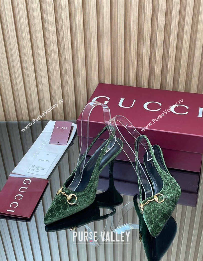 Gucci GG Velvet Slingback Pumps 8.5cm with Horsebit Green 2025 ‎835978 (MD-250828065)
