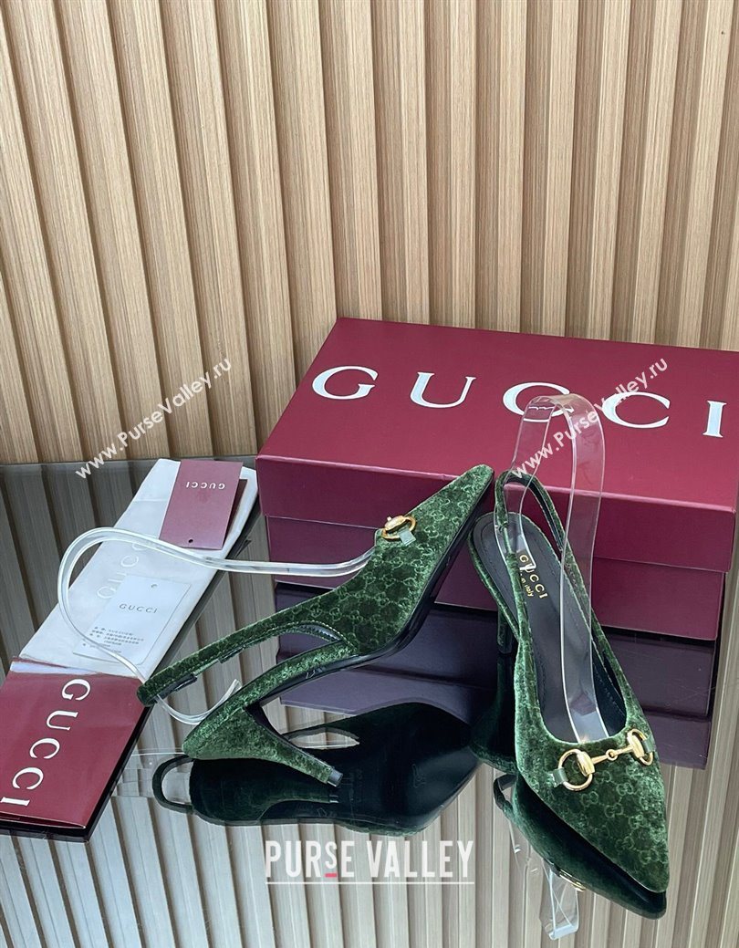 Gucci GG Velvet Slingback Pumps 8.5cm with Horsebit Green 2025 ‎835978 (MD-250828065)
