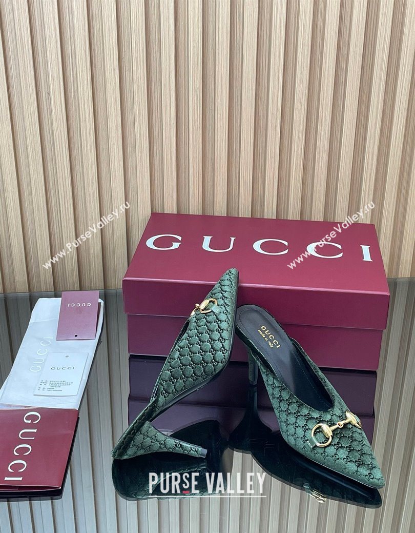 Gucci GG Velvet Heel Mules 8.5cm with Horsebit Green 2025 ‎835739 (MD-250828060)