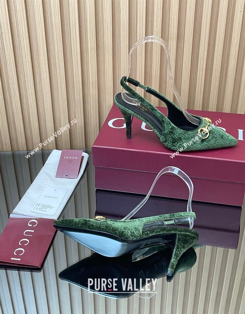 Gucci GG Velvet Slingback Pumps 8.5cm with Horsebit Green 2025 ‎835978 (MD-250828065)
