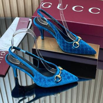 Gucci GG Velvet Slingback Pumps 8.5cm with Horsebit Blue 2025 ‎835978 (MD-250828066)
