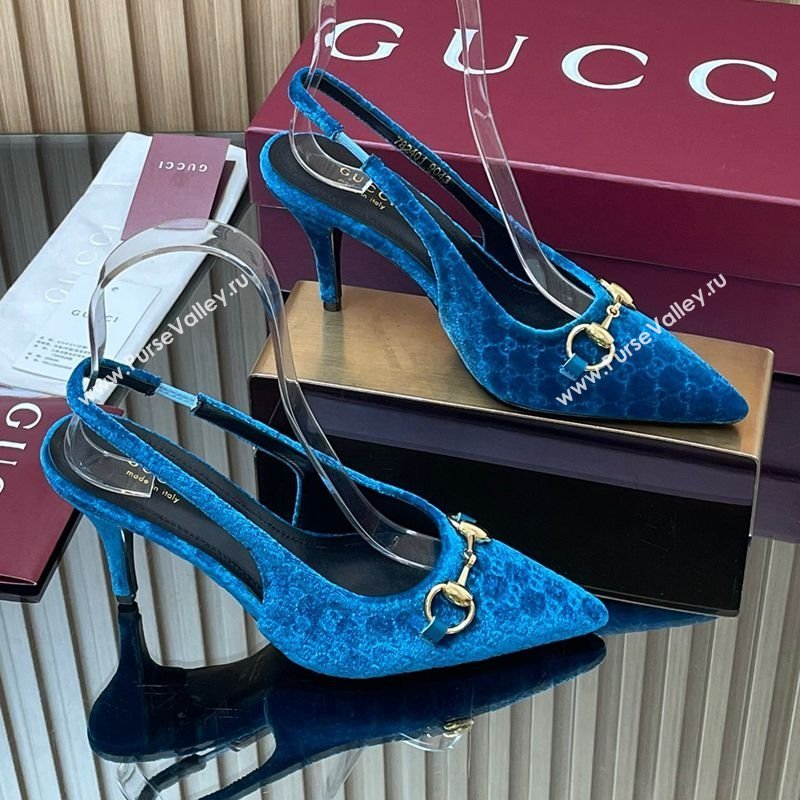 Gucci GG Velvet Slingback Pumps 8.5cm with Horsebit Blue 2025 ‎835978 (MD-250828066)