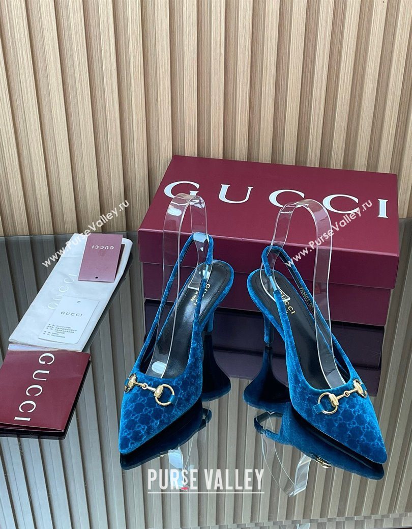 Gucci GG Velvet Slingback Pumps 8.5cm with Horsebit Blue 2025 ‎835978 (MD-250828066)
