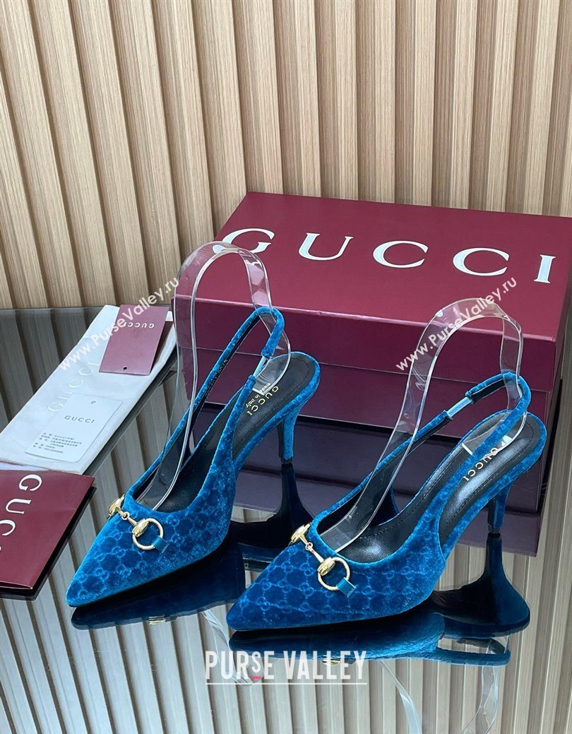 Gucci GG Velvet Slingback Pumps 8.5cm with Horsebit Blue 2025 ‎835978 (MD-250828066)