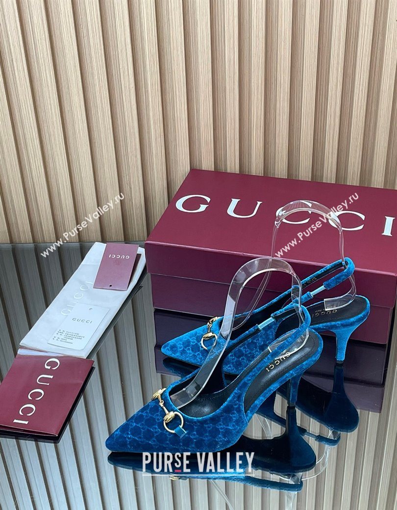 Gucci GG Velvet Slingback Pumps 8.5cm with Horsebit Blue 2025 ‎835978 (MD-250828066)