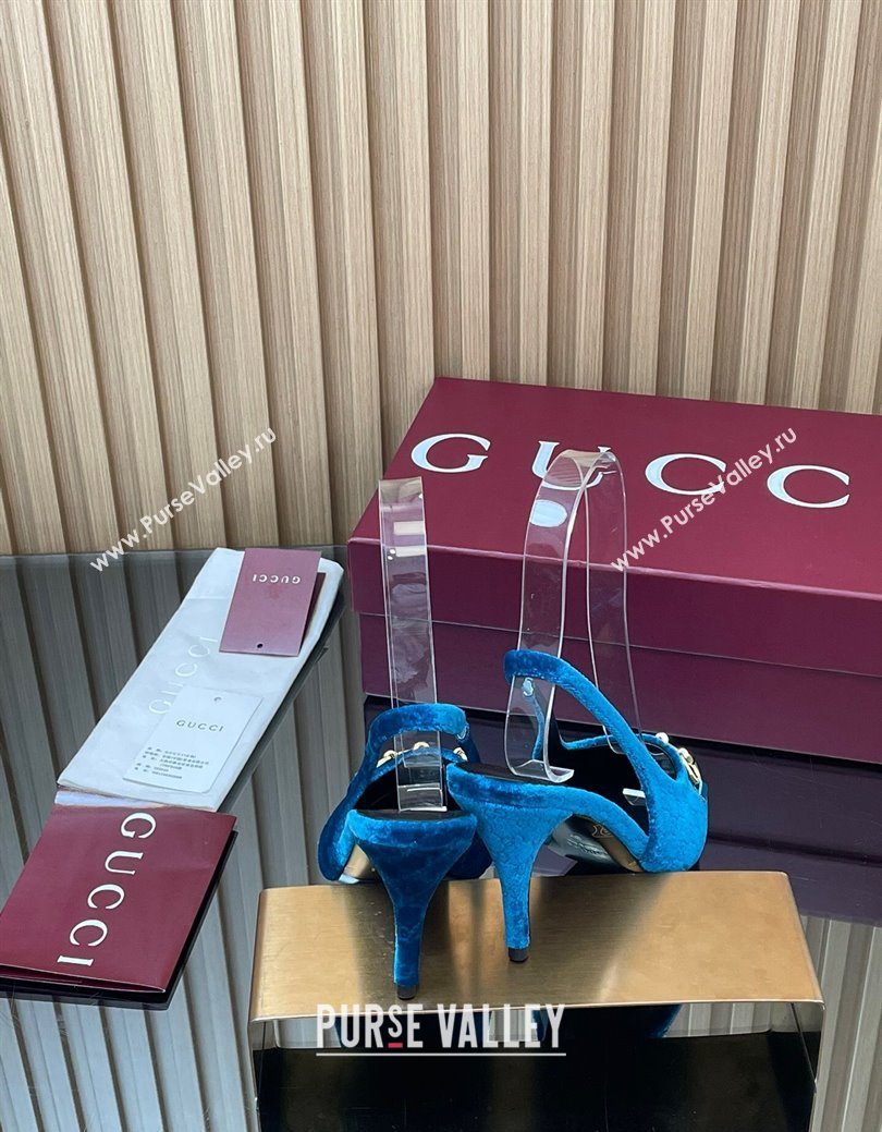 Gucci GG Velvet Slingback Pumps 8.5cm with Horsebit Blue 2025 ‎835978 (MD-250828066)