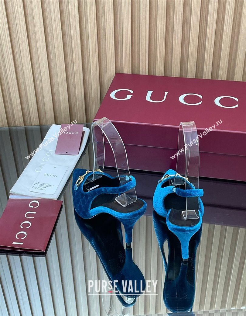 Gucci GG Velvet Slingback Pumps 8.5cm with Horsebit Blue 2025 ‎835978 (MD-250828066)