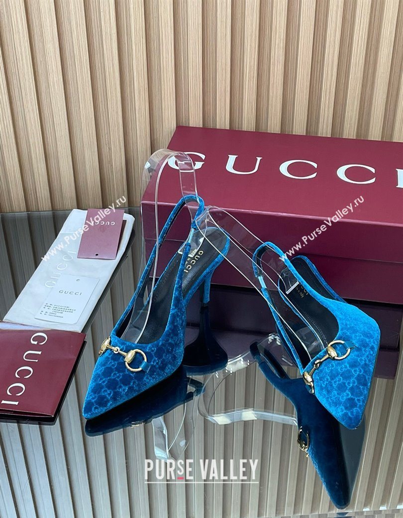Gucci GG Velvet Slingback Pumps 8.5cm with Horsebit Blue 2025 ‎835978 (MD-250828066)