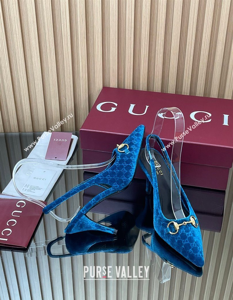 Gucci GG Velvet Slingback Pumps 8.5cm with Horsebit Blue 2025 ‎835978 (MD-250828066)