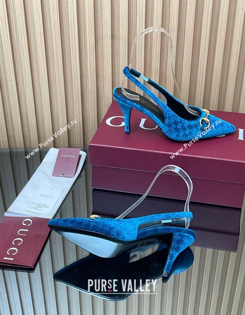 Gucci GG Velvet Slingback Pumps 8.5cm with Horsebit Blue 2025 ‎835978 (MD-250828066)