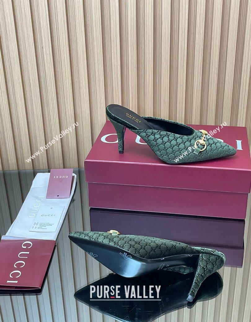 Gucci GG Velvet Heel Mules 8.5cm with Horsebit Green 2025 ‎835739 (MD-250828060)