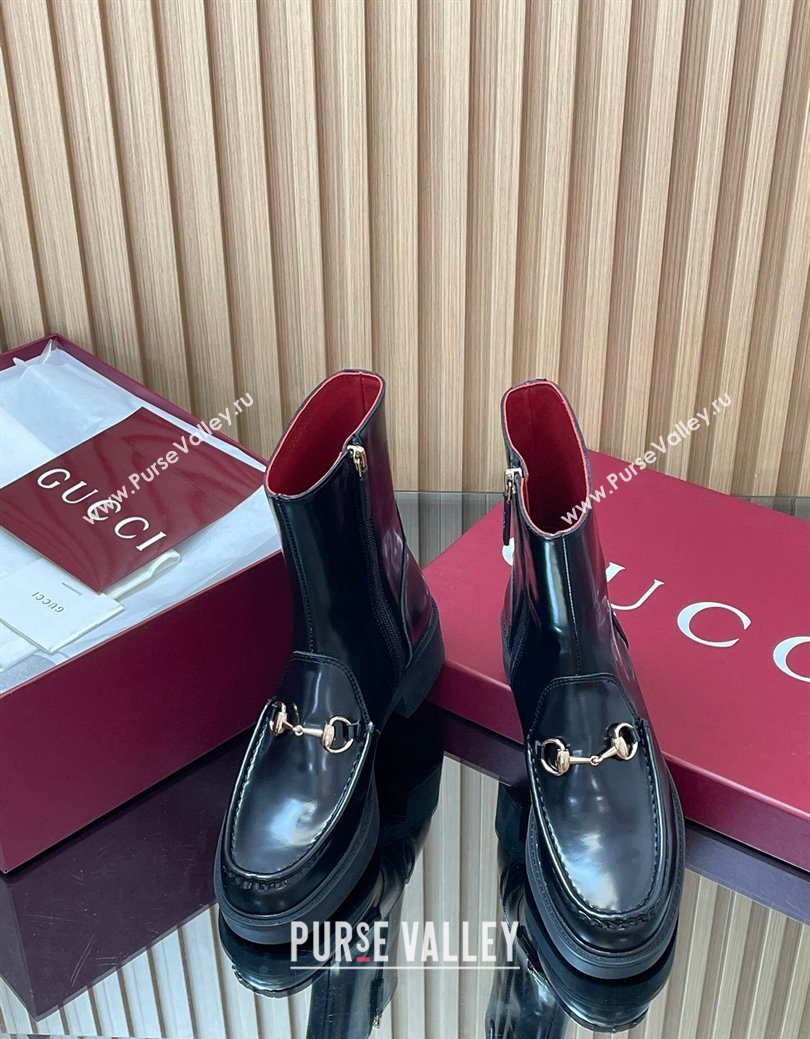 Gucci Shiny Leather Heel Ankle Boots 4.5cm with Horsebit Black 2025 798724 (MD-250828088)