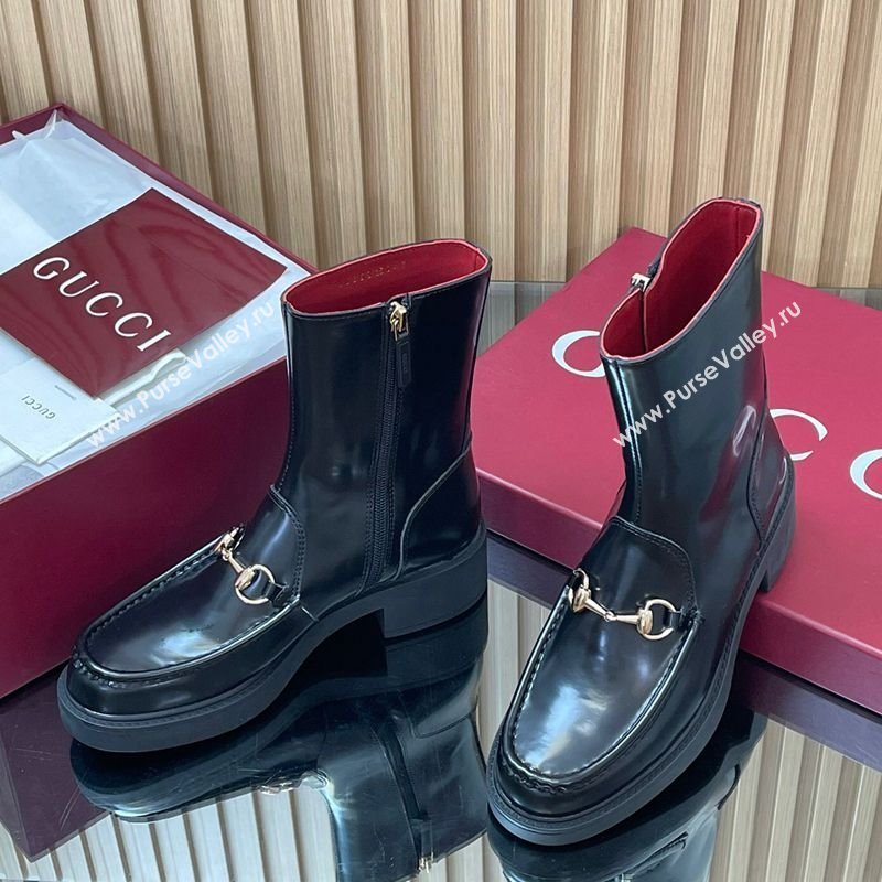 Gucci Shiny Leather Heel Ankle Boots 4.5cm with Horsebit Black 2025 798724 (MD-250828088)