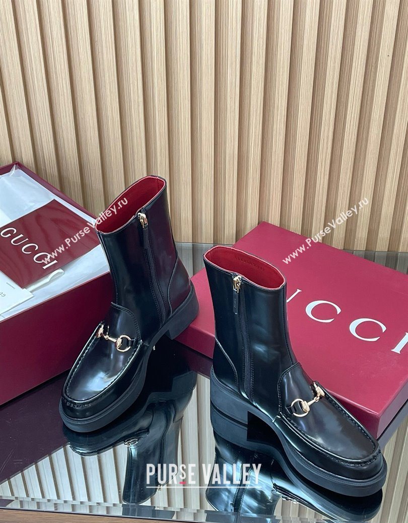 Gucci Shiny Leather Heel Ankle Boots 4.5cm with Horsebit Black 2025 798724 (MD-250828088)