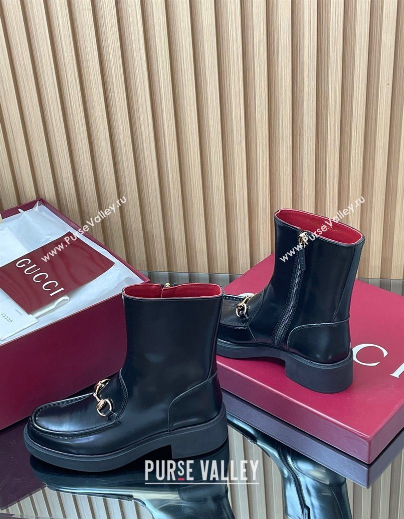 Gucci Shiny Leather Heel Ankle Boots 4.5cm with Horsebit Black 2025 798724 (MD-250828088)