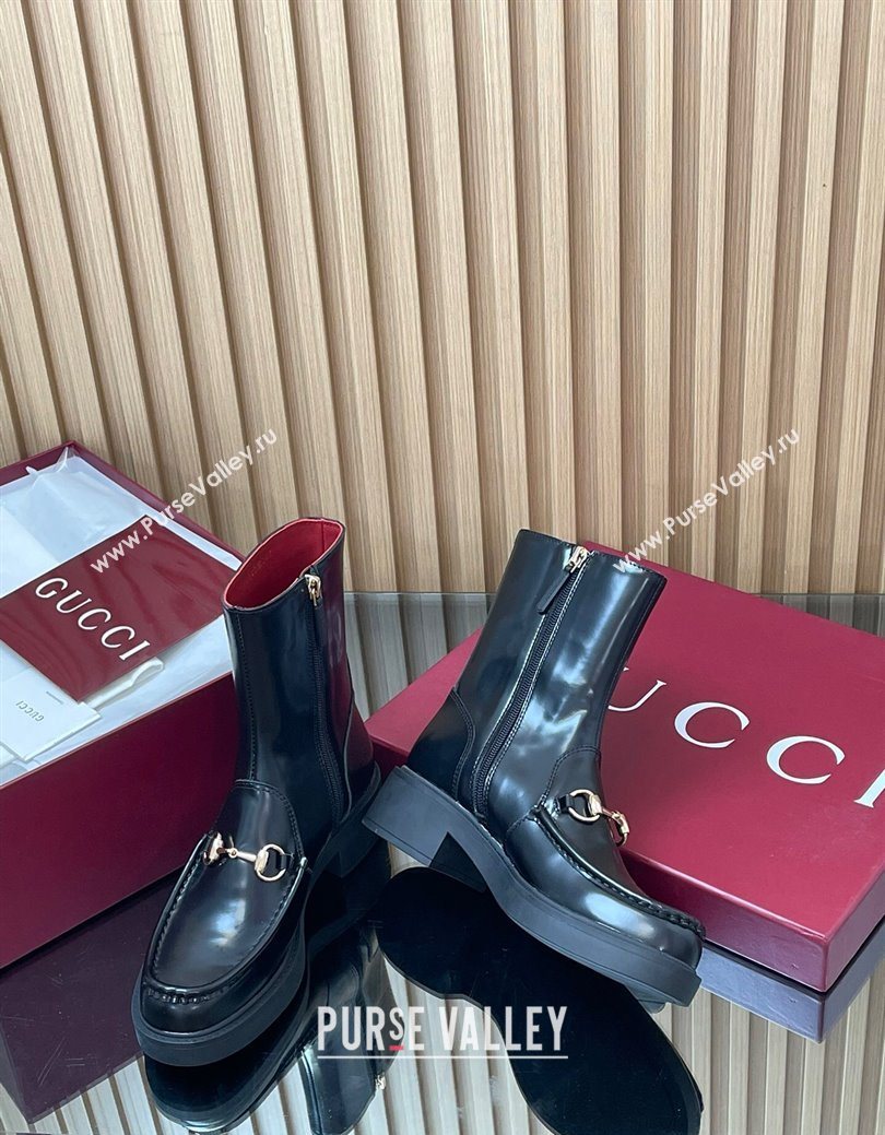 Gucci Shiny Leather Heel Ankle Boots 4.5cm with Horsebit Black 2025 798724 (MD-250828088)