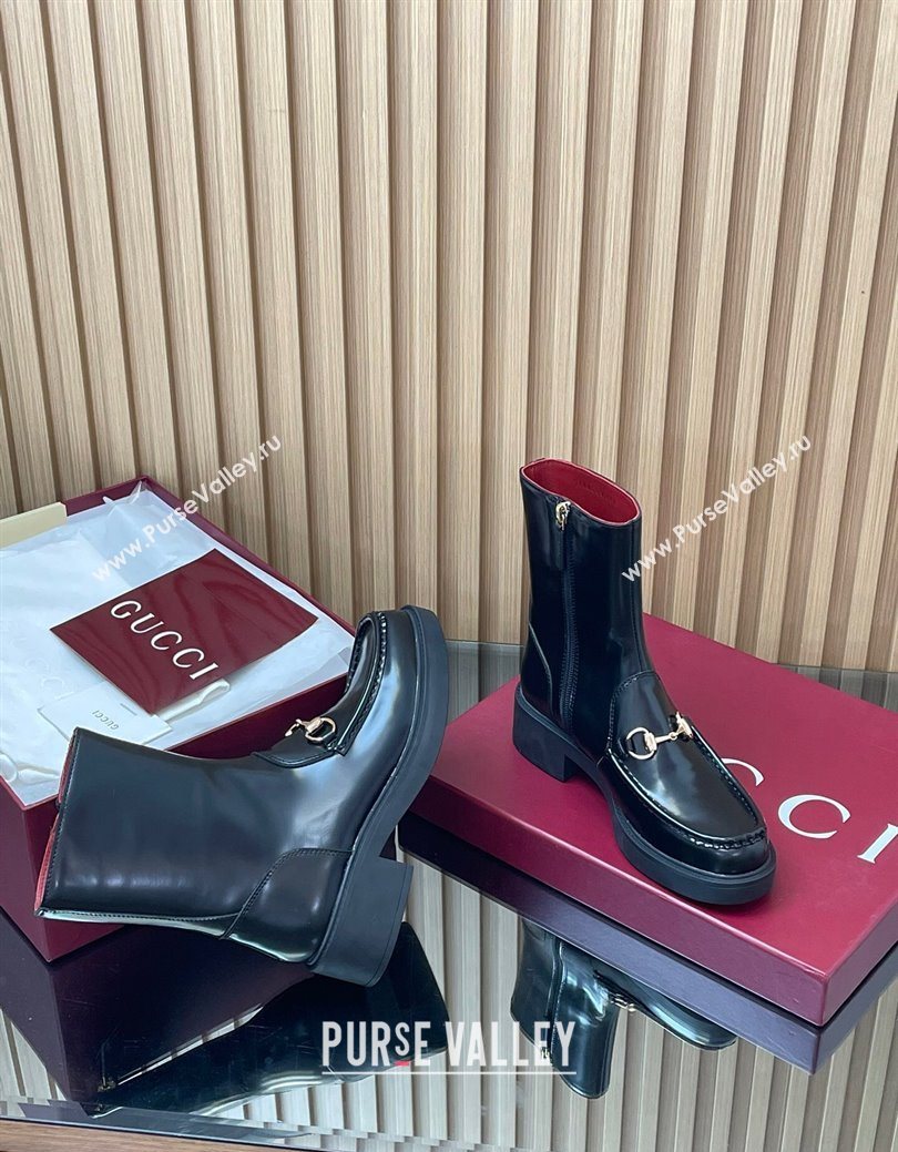 Gucci Shiny Leather Heel Ankle Boots 4.5cm with Horsebit Black 2025 798724 (MD-250828088)