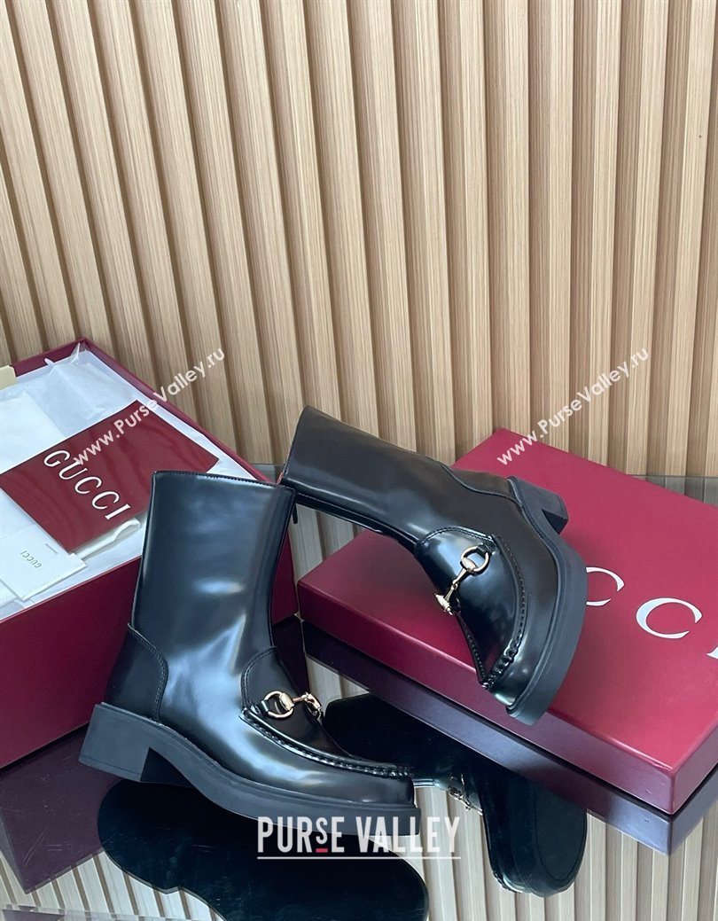 Gucci Shiny Leather Heel Ankle Boots 4.5cm with Horsebit Black 2025 798724 (MD-250828088)