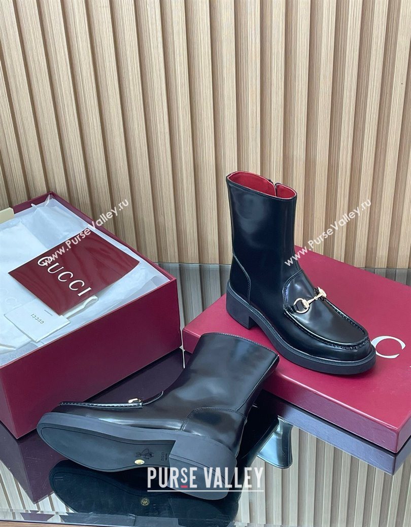 Gucci Shiny Leather Heel Ankle Boots 4.5cm with Horsebit Black 2025 798724 (MD-250828088)