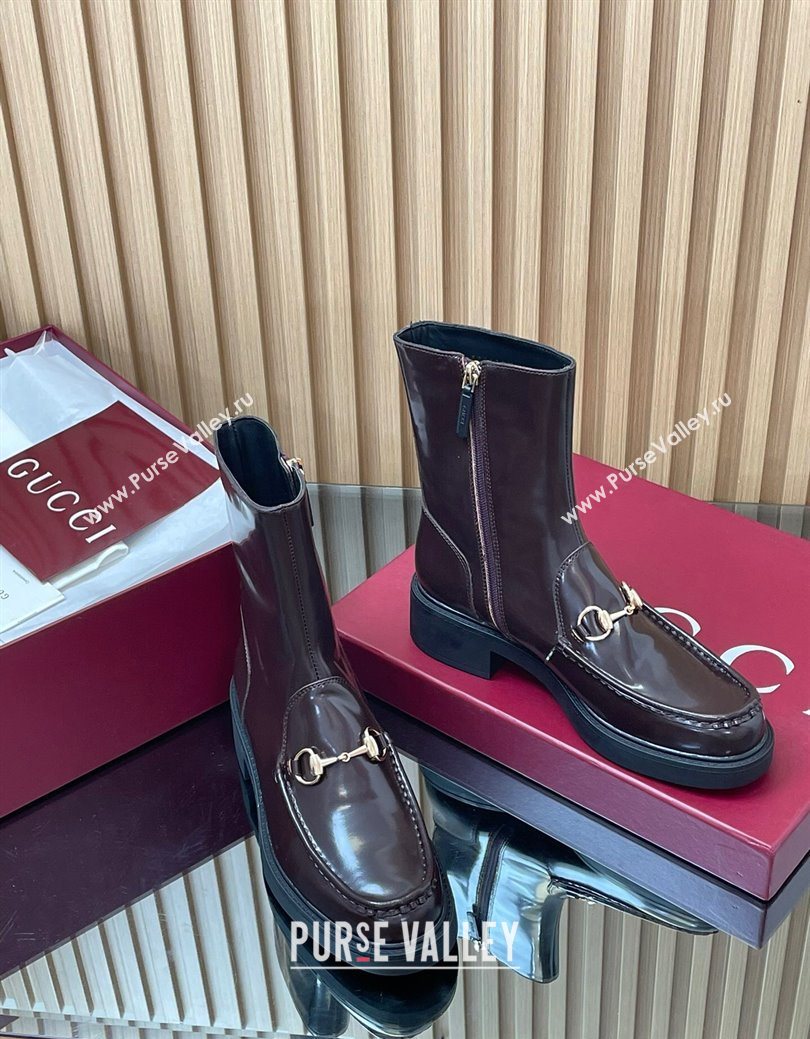 Gucci Shiny Leather Heel Ankle Boots 4.5cm with Horsebit Brown 2025 798724 (MD-250828089)