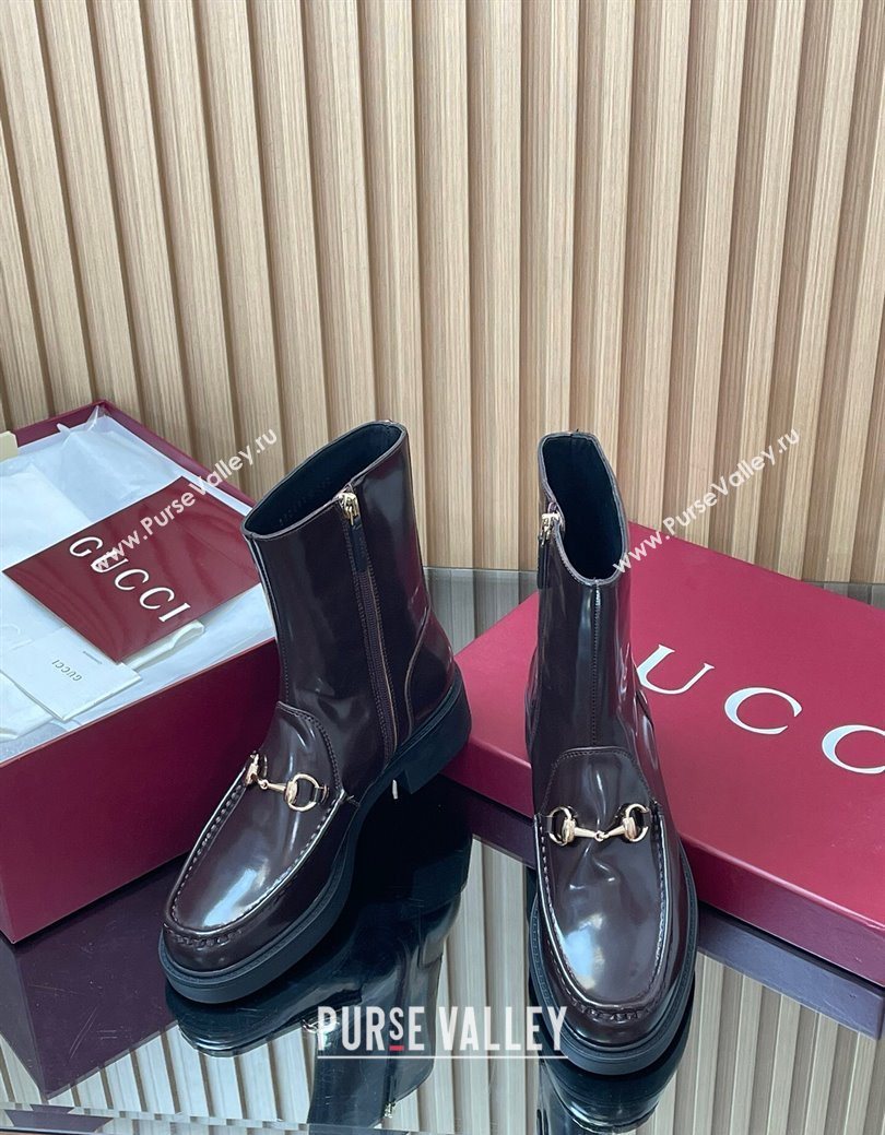 Gucci Shiny Leather Heel Ankle Boots 4.5cm with Horsebit Brown 2025 798724 (MD-250828089)