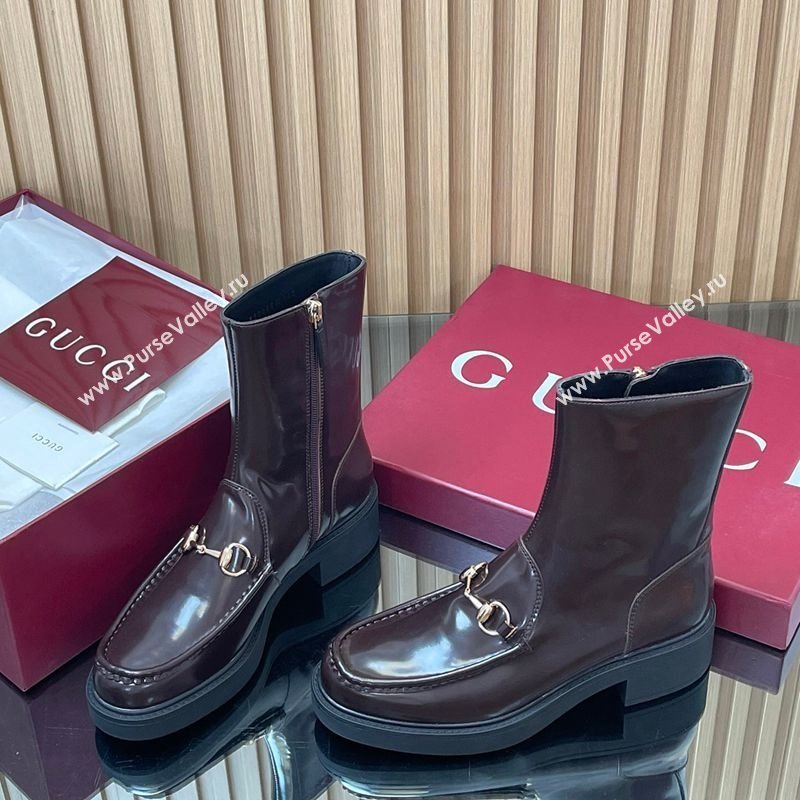 Gucci Shiny Leather Heel Ankle Boots 4.5cm with Horsebit Brown 2025 798724 (MD-250828089)