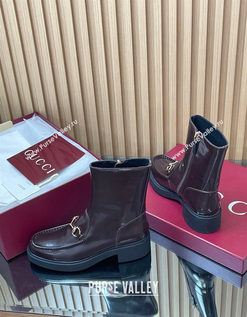 Gucci Shiny Leather Heel Ankle Boots 4.5cm with Horsebit Brown 2025 798724 (MD-250828089)