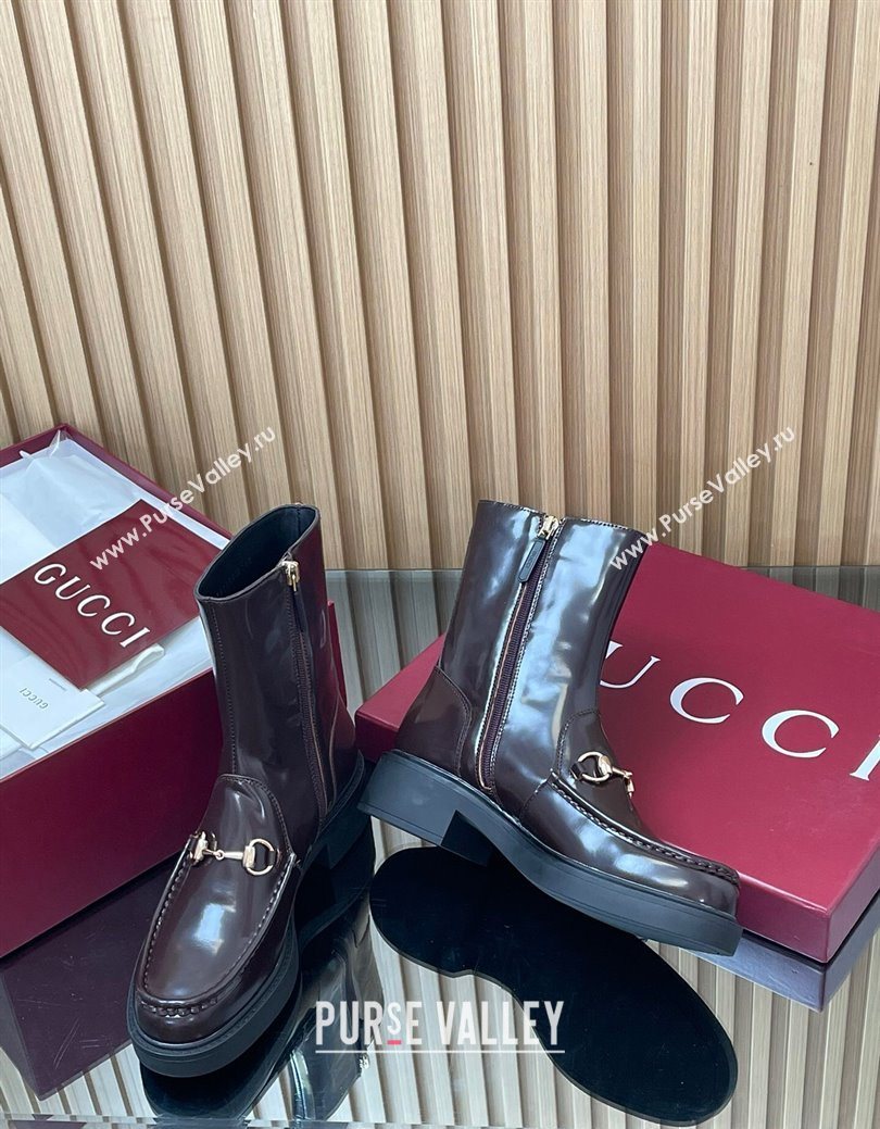 Gucci Shiny Leather Heel Ankle Boots 4.5cm with Horsebit Brown 2025 798724 (MD-250828089)
