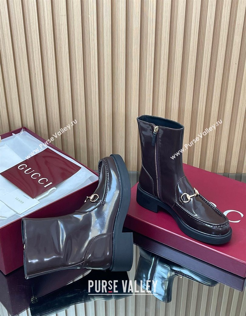 Gucci Shiny Leather Heel Ankle Boots 4.5cm with Horsebit Brown 2025 798724 (MD-250828089)