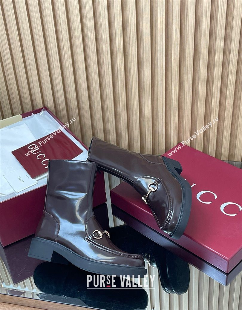 Gucci Shiny Leather Heel Ankle Boots 4.5cm with Horsebit Brown 2025 798724 (MD-250828089)