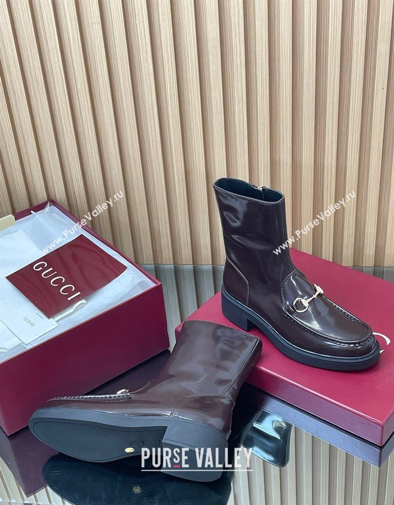 Gucci Shiny Leather Heel Ankle Boots 4.5cm with Horsebit Brown 2025 798724 (MD-250828089)