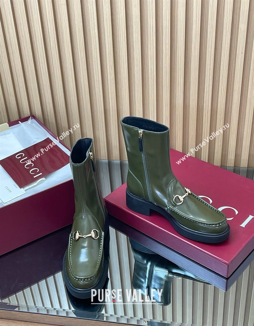 Gucci Shiny Leather Heel Ankle Boots 4.5cm with Horsebit Green 2025 798724 (MD-250828090)