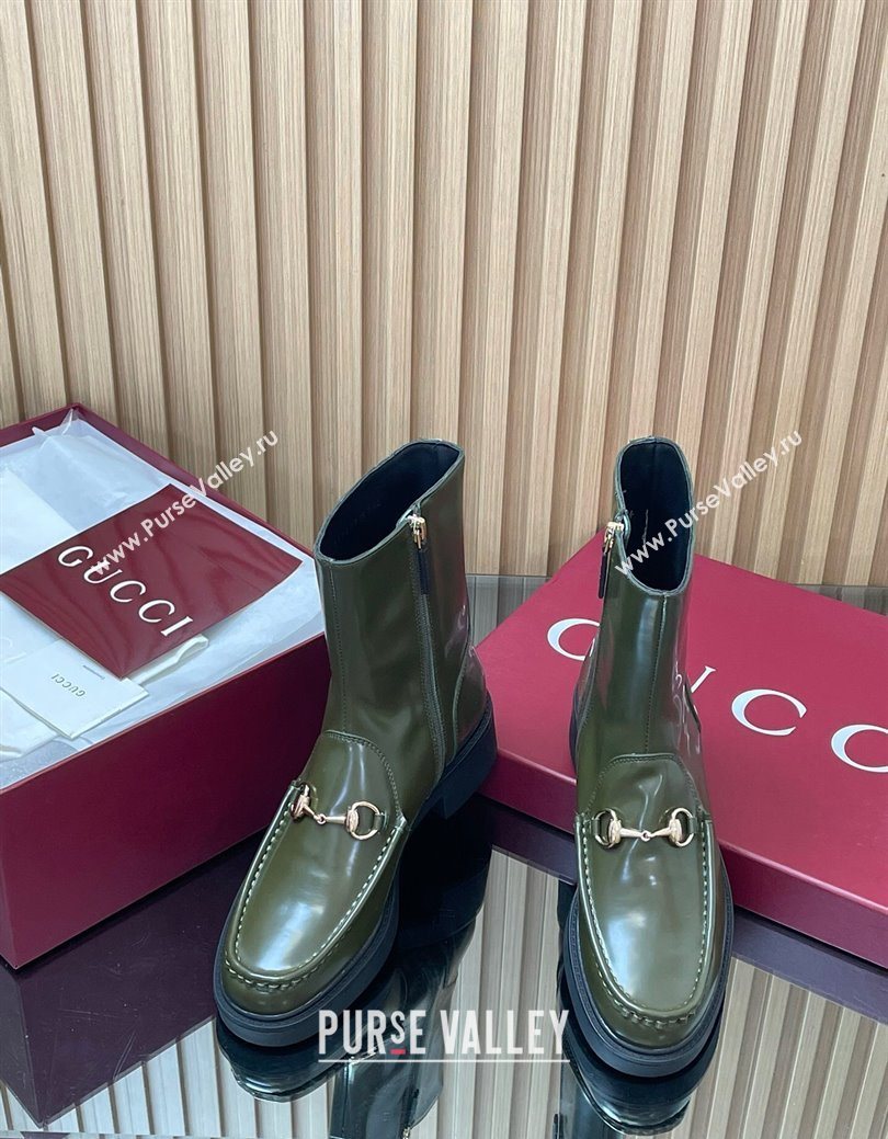 Gucci Shiny Leather Heel Ankle Boots 4.5cm with Horsebit Green 2025 798724 (MD-250828090)