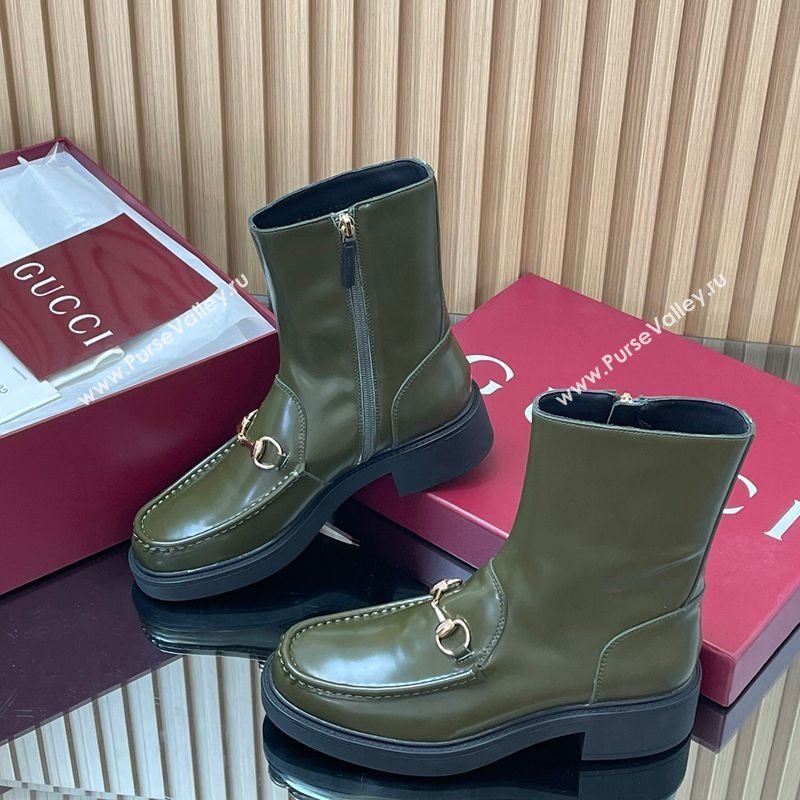 Gucci Shiny Leather Heel Ankle Boots 4.5cm with Horsebit Green 2025 798724 (MD-250828090)