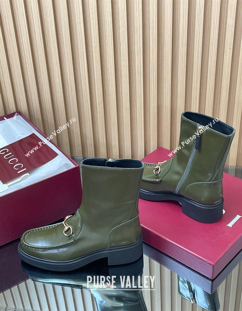 Gucci Shiny Leather Heel Ankle Boots 4.5cm with Horsebit Green 2025 798724 (MD-250828090)