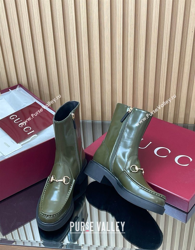 Gucci Shiny Leather Heel Ankle Boots 4.5cm with Horsebit Green 2025 798724 (MD-250828090)