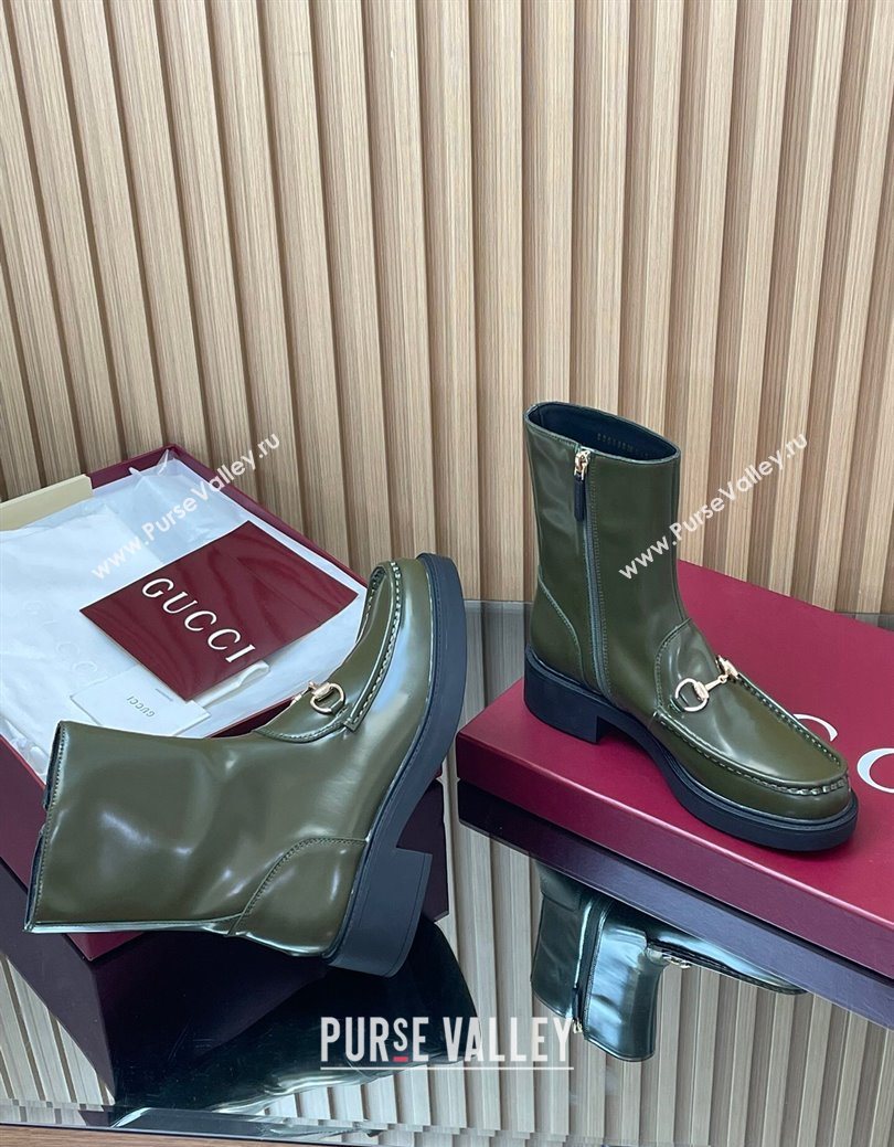 Gucci Shiny Leather Heel Ankle Boots 4.5cm with Horsebit Green 2025 798724 (MD-250828090)