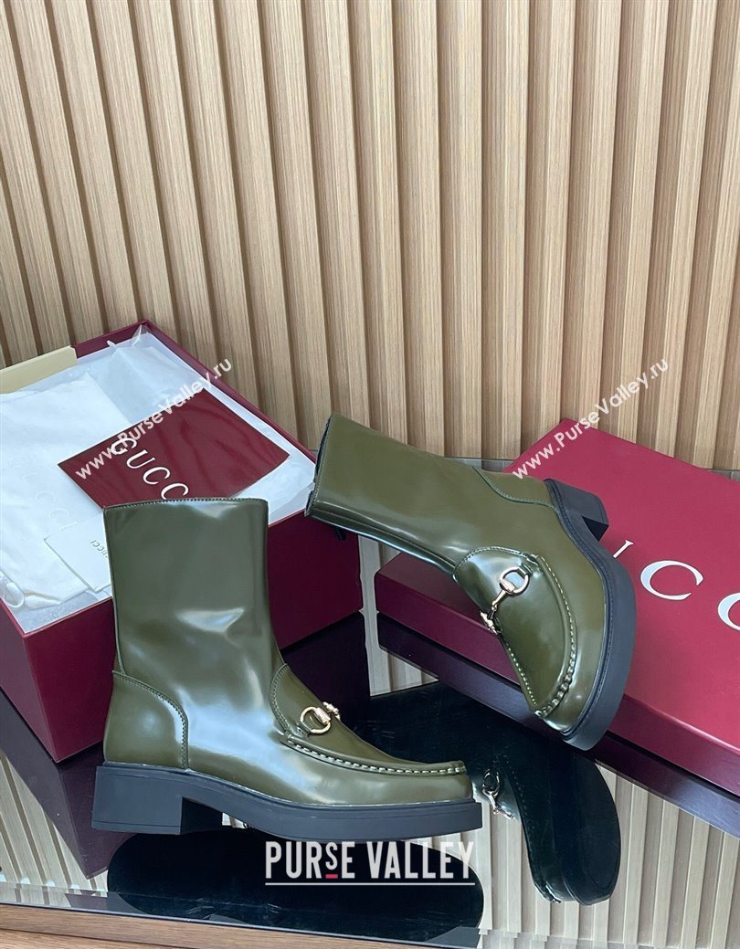 Gucci Shiny Leather Heel Ankle Boots 4.5cm with Horsebit Green 2025 798724 (MD-250828090)