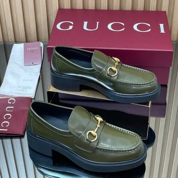Gucci Shiny Leather Loafers 4.5cm with Horsebit Green 2025 840725 (MD-250828091)