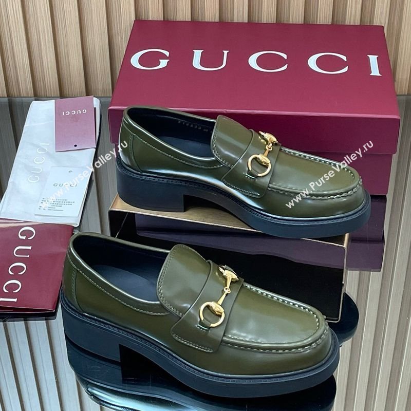 Gucci Shiny Leather Loafers 4.5cm with Horsebit Green 2025 840725 (MD-250828091)