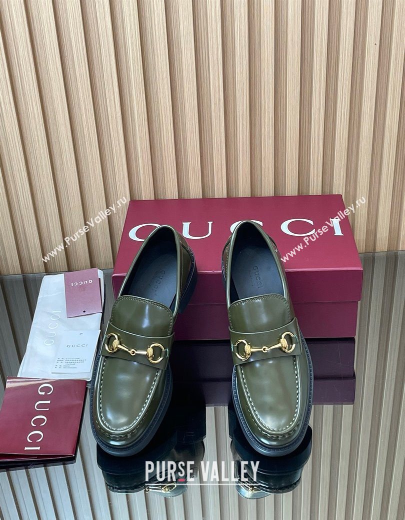 Gucci Shiny Leather Loafers 4.5cm with Horsebit Green 2025 840725 (MD-250828091)