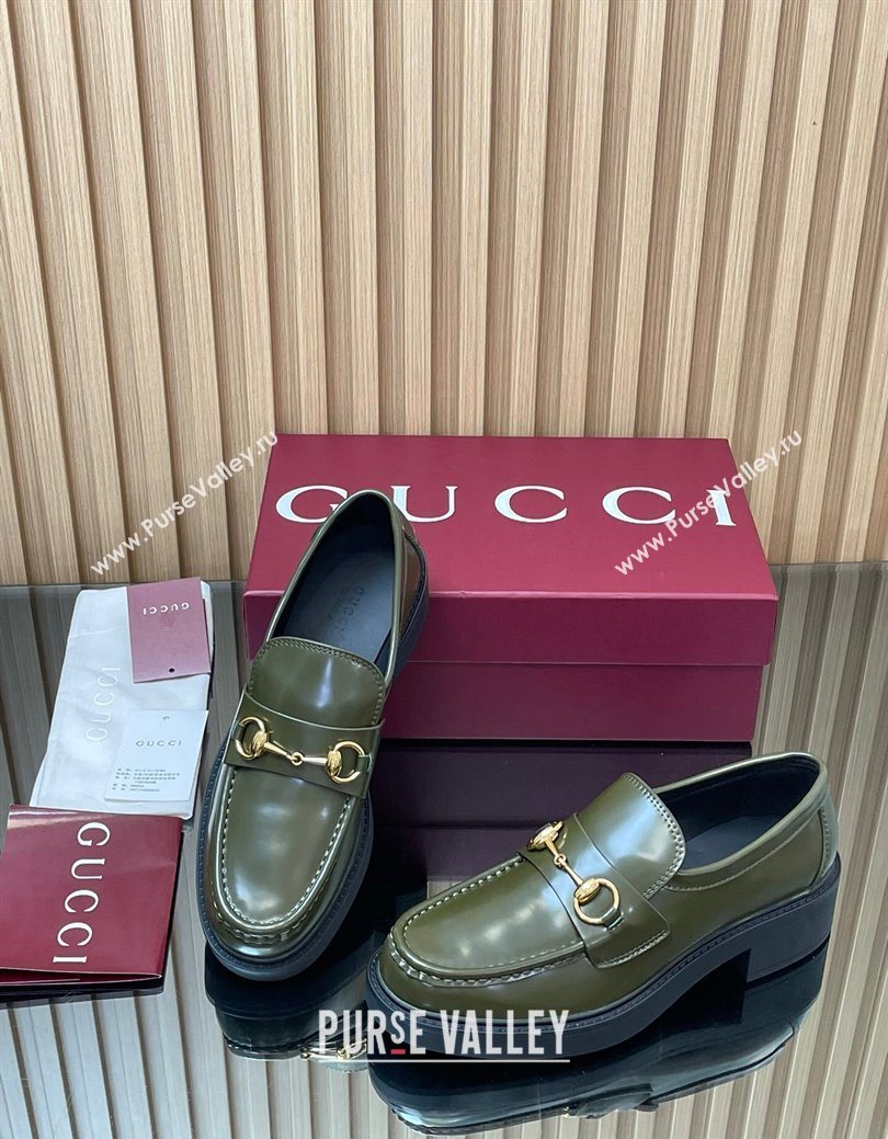 Gucci Shiny Leather Loafers 4.5cm with Horsebit Green 2025 840725 (MD-250828091)