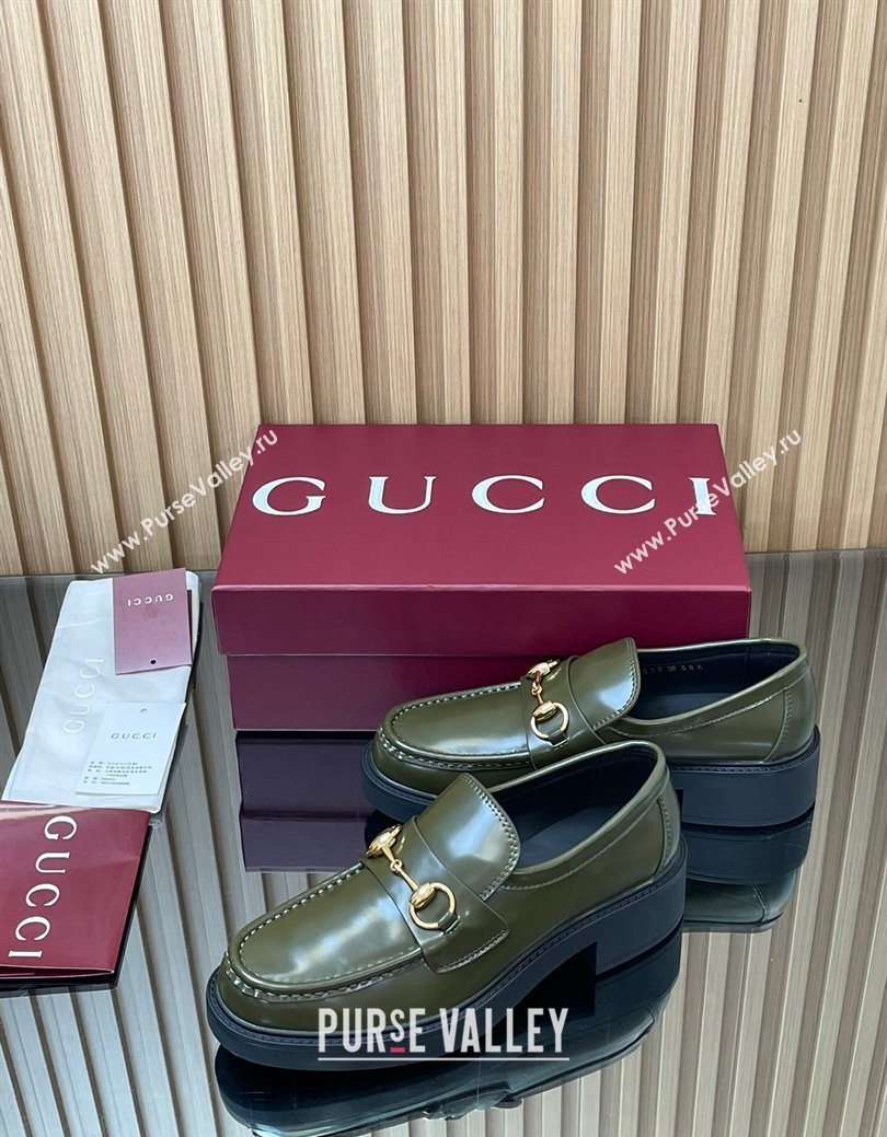 Gucci Shiny Leather Loafers 4.5cm with Horsebit Green 2025 840725 (MD-250828091)