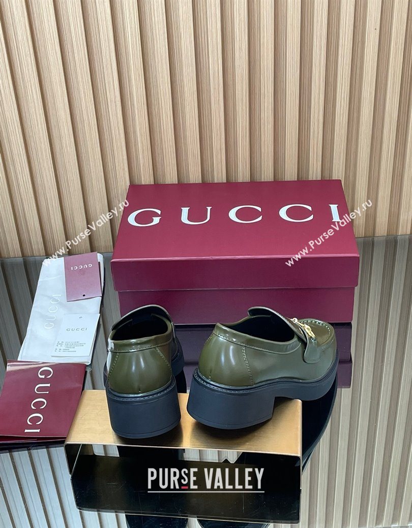 Gucci Shiny Leather Loafers 4.5cm with Horsebit Green 2025 840725 (MD-250828091)