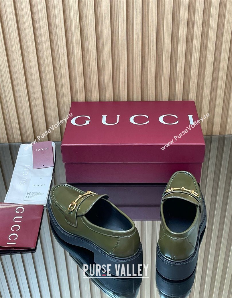 Gucci Shiny Leather Loafers 4.5cm with Horsebit Green 2025 840725 (MD-250828091)