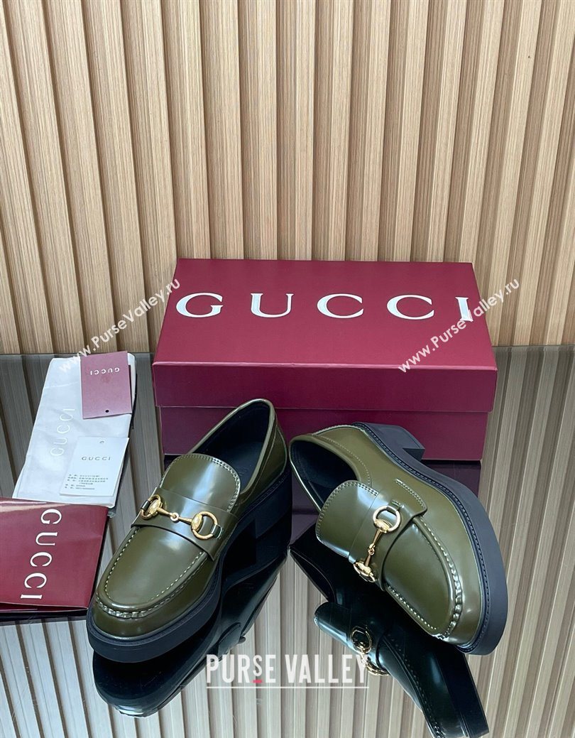 Gucci Shiny Leather Loafers 4.5cm with Horsebit Green 2025 840725 (MD-250828091)