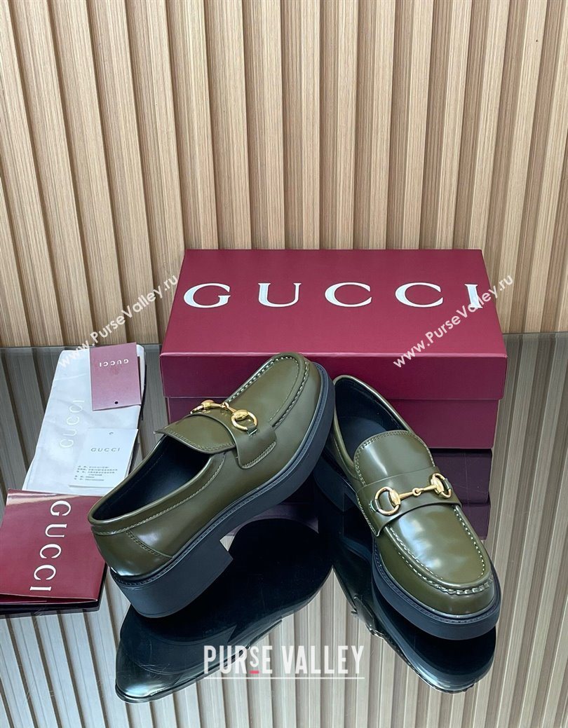 Gucci Shiny Leather Loafers 4.5cm with Horsebit Green 2025 840725 (MD-250828091)